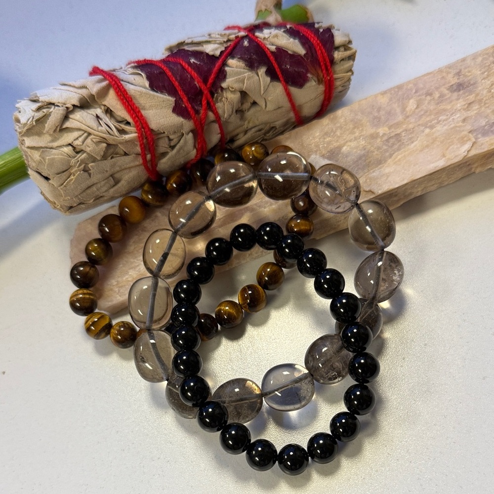Protection Crystal Bracelet Stack (3pc) | Smoky Quartz, Tourmaline, Tiger's Eye